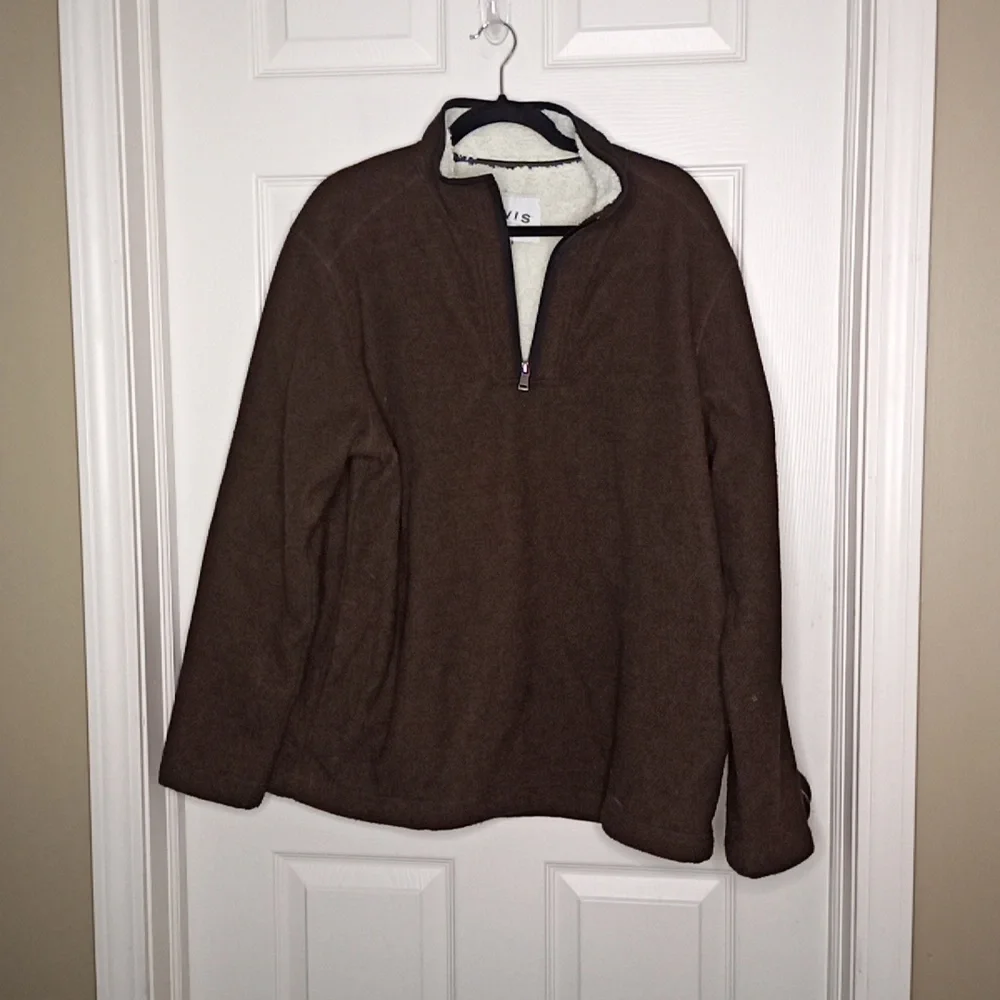 Orvis Men 1/4 Zip Sherpa Lined Chocolate Brown Sweater Jacket Pullover P…